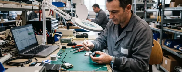 Un technicien insère une puce eSIM dans le module d'un modem M2M sur un plan de travail d'atelier.