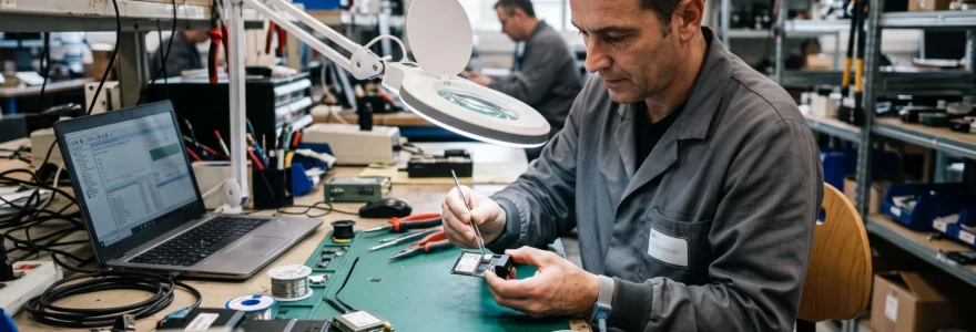 Un technicien insère une puce eSIM dans le module d'un modem M2M sur un plan de travail d'atelier.