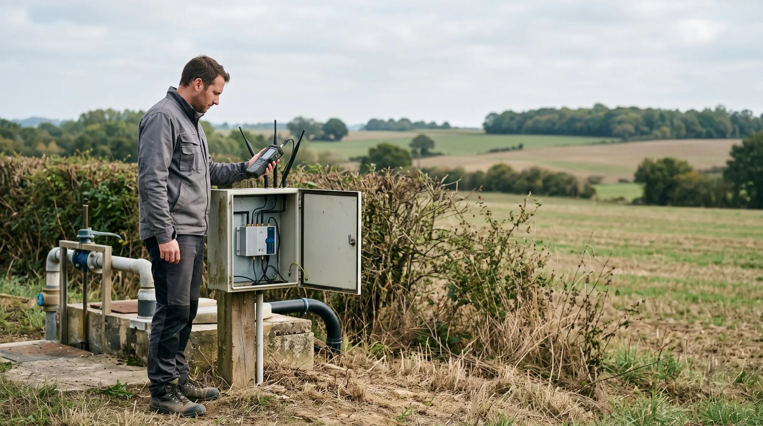 Un technicien mesure la qualité du signal près d'une armoire technique installée en zone rurale française.